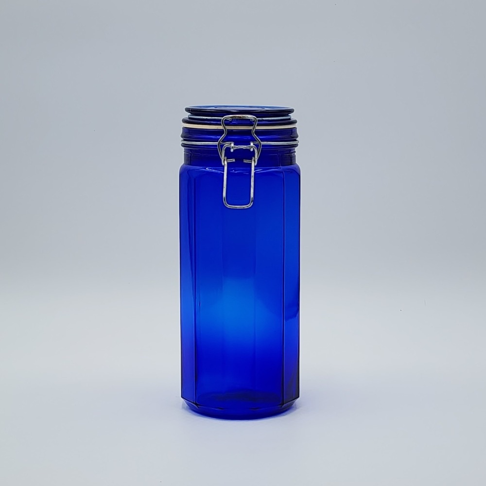 Vintage Cobalt Blue Glass Canister Jar 12 Panel Wire Bail Lid 1930–1950s USA 10"